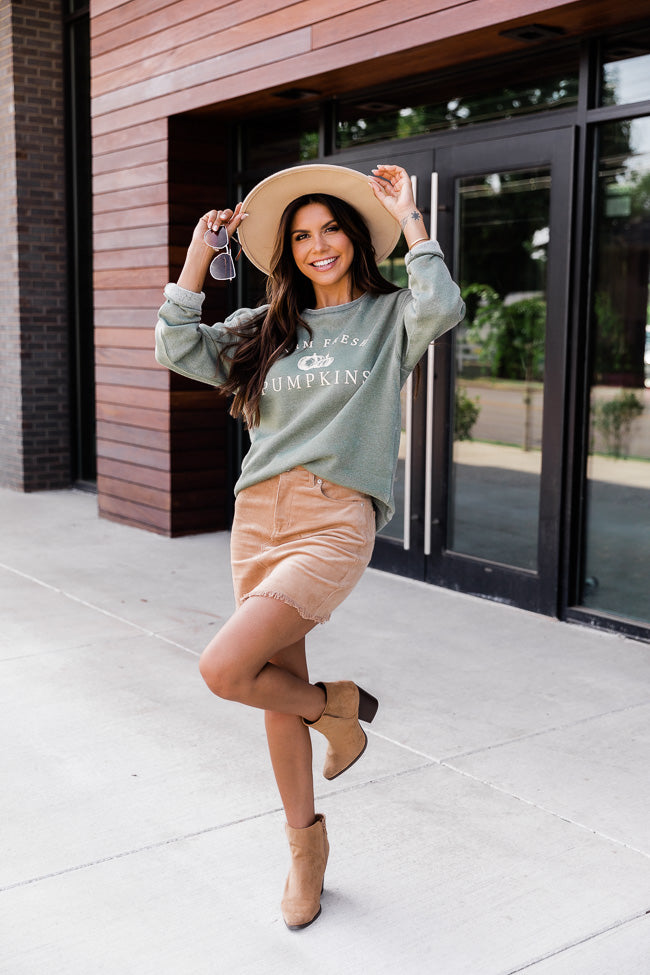 Budget 🥰 Pink Lily Farm Fresh Pumpkins Olive Graphic Sweatshirt 👏 - Image 4