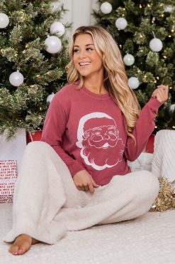 Best Sale 🥰 Pink Lily Vintage Santa Red Long Sleeve Graphic Tee ✔️