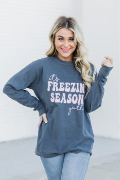 Coupon ✨ Pink Lily It's Freezin' Season Yall Blue Long Sleeve Graphic Tee ⭐