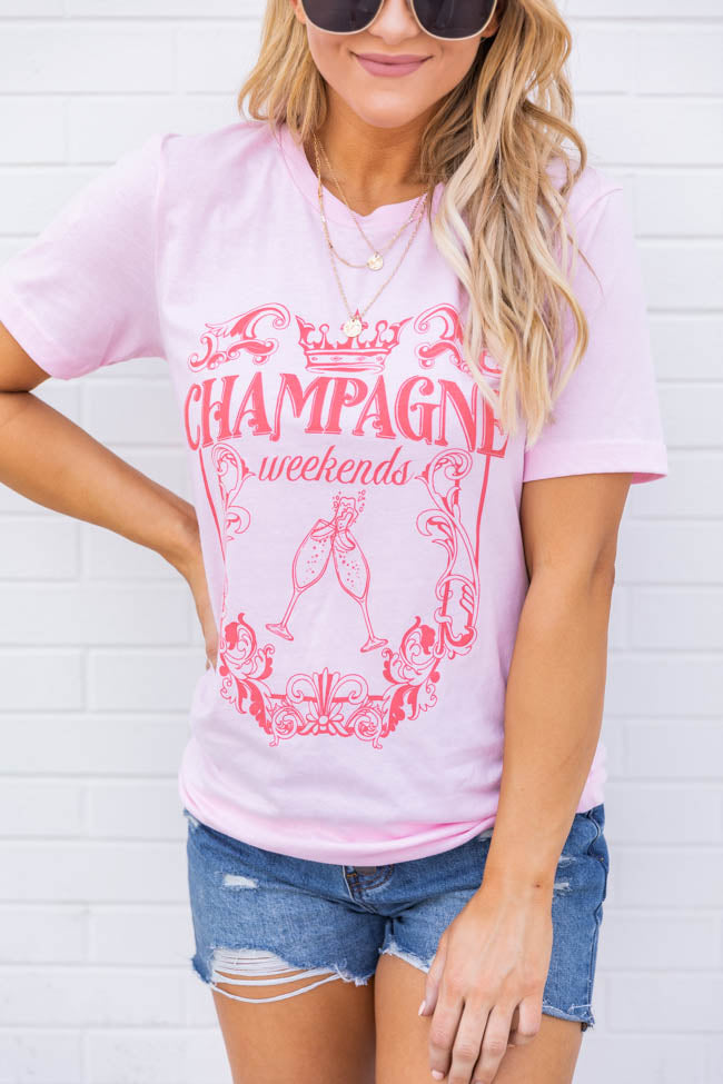 Best Sale 🛒 Pink Lily Champagne Weekends Light Pink Graphic Tee 👍 - Image 2
