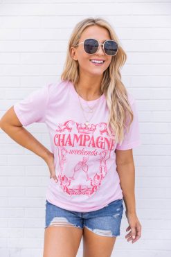 Best Sale ๐ Pink Lily Champagne Weekends Light Pink Graphic Tee ๐