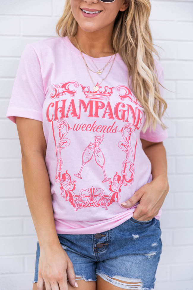 Best Sale 🛒 Pink Lily Champagne Weekends Light Pink Graphic Tee 👍 - Image 4