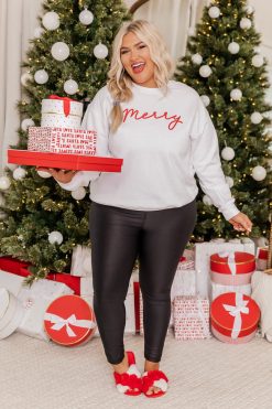 Cheapest 👏 Pink Lily Merry Script Graphic White Sweatshirt ✔️