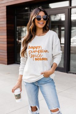 Hot Sale 🥰 Pink Lily Happy Pumpkin Spice Season Heather Sand Graphic Sweatshirt 🌟