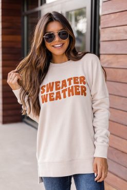Coupon ⌛ Pink Lily Sweater Weather Wave Light Tan Graphic Sweatshirt ✨