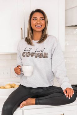 Buy ⌛ Pink Lily But First Coffee Animal Print Ash Graphic Sweatshirt ❤️