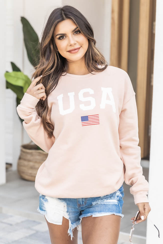Outlet ⭐ Pink Lily Athletic USA Flag Peach Graphic Sweatshirt 👍 - Image 2