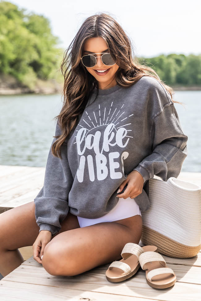 Best reviews of 😉 Pink Lily Lake Vibes Charcoal Corded Graphic Sweatshirt 🧨 - Image 4