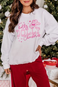 Flash Sale 💯 Pink Lily Have A Holly Dolly 🎅 Christmas White Graphic Sweatshirt ✨