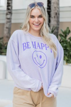 Top 10 🔥 Pink Lily Be Happy Smiley Lilac Corded Graphic Sweatshirt 🌟