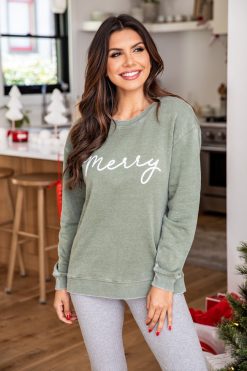 Best reviews of ❤️ Pink Lily Merry Script Olive Graphic Sweatshirt ⭐
