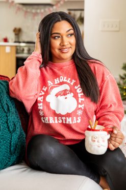 Discount 🧨 Pink Lily Have A Holly Jolly 🎁 Christmas Red Corded Graphic Sweatshirt 🎁
