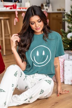 Best deal 💯 Pink Lily Smiley Face 🎄 Christmas Tree Dark Green Graphic Tee ⌛