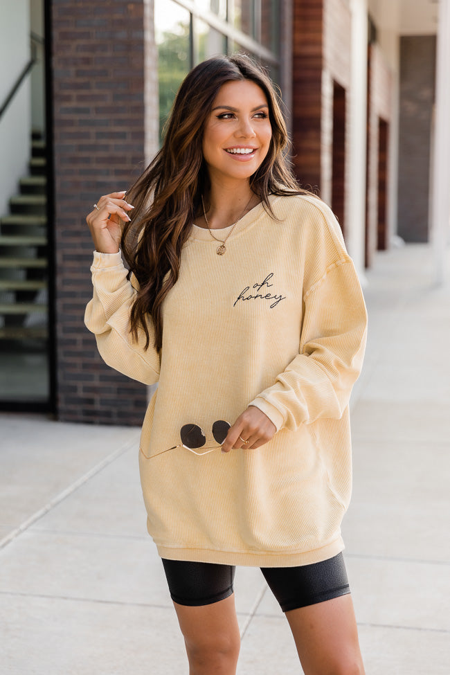 Deals 🔥 Pink Lily Oh Honey Embroidered Gold Corded Graphic Sweatshirt FINAL SALE 🤩