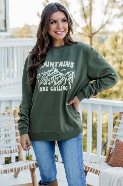 Coupon 💯 Pink Lily The Mountains Are Calling Olive Graphic Sweatshirt 🤩