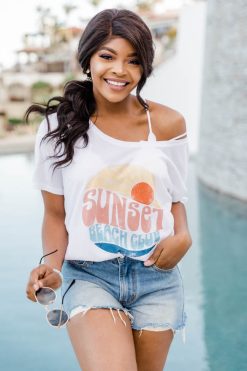 Deals 🛒 Pink Lily Sunset Beach Club White Slouchy Graphic Tee 👍