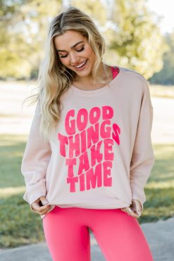 Coupon 🔔 Pink Lily Good Things Take Time Pale Pink Graphic Sweatshirt 🔥
