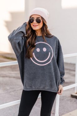 Cheap 🌟 Pink Lily Pink Smiley Face Charcoal Corded Graphic Sweatshirt 🎁