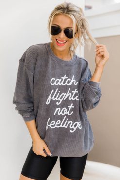 Best reviews of 🤩 Pink Lily Catch Flights Not Feelings Charcoal Corded Graphic Sweatshirt 🎁