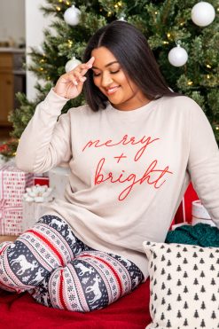 Coupon 🥰 Pink Lily Merry & Bright Script Light Tan Graphic Sweatshirt 🔥
