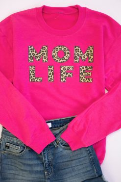 Best Pirce ⭐ Pink Lily Mom Life Leopard Print Hot Pink Graphic Sweatshirt 🔔