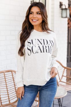 Buy 🌟 Pink Lily Sunday Scaries Heather Sand Graphic Sweatshirt 😀