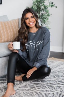 Best Sale 😍 Pink Lily Stay Cozy Dark Heather Graphic Sweatshirt 🛒 -Tees Shop L125622 12 650x