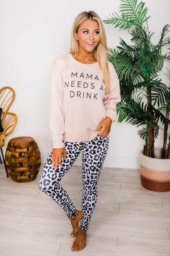 Deals 🎉 Pink Lily Mama Needs A Drink Graphic Pale Pink Sweatshirt 💯