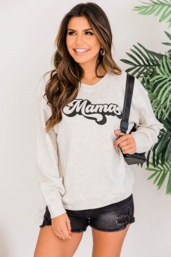 Cheapest 😍 Pink Lily Mama Retro Script Graphic Heather Sand Sweatshirt 🔥