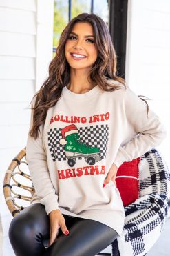 Outlet 😉 Pink Lily Rolling Into 🎁 Christmas Light Tan Graphic Sweatshirt 😉