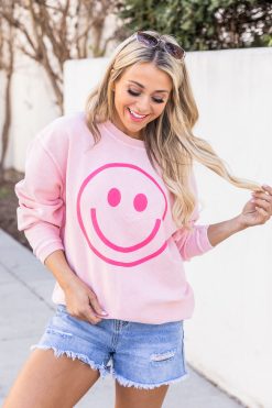 Best Sale 🥰 Pink Lily Smiley Face Pink Corded Graphic Sweatshirt ⌛
