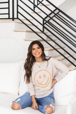 Buy 😀 Pink Lily Smiley Face Light Tan Graphic Sweatshirt ✔️