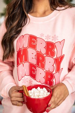 Discount 💯 Pink Lily Merry Repeat Red And Pink Corded Graphic Sweatshirt 😀 -Tees Shop U172138 185700 11 650x