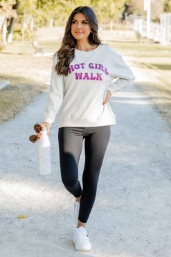 Cheap 🔥 Pink Lily Hot Girl Walk Heather Sand Graphic Sweatshirt 💯
