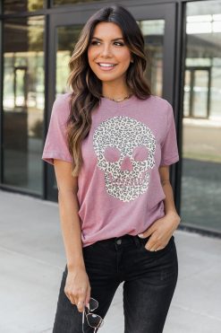 Budget 🎉 Pink Lily Animal Print Skull Mauve Graphic Tee 🌟