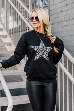 Buy ⌛ Pink Lily Animal Print Star Black Graphic Sweatshirt ❤️