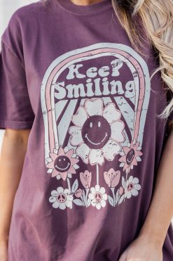 Tees Shop 12 Outlet ⌛ Pink Lily Keep Smiling Purple Comfort Color Graphic Tee 🔔