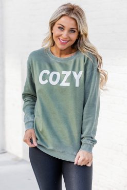 Outlet 🛒 Pink Lily Cozy Olive Graphic Sweatshirt 💯