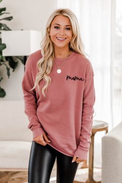 Best Pirce 🔔 Pink Lily Mama Embroidered Script Mauve Graphic Sweatshirt 🥰