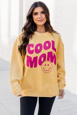 Tees Shop 10 Coupon 🔔 Pink Lily Smiley Cool Mom Gold Corded Graphic Sweatshirt ⭐