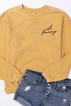 Deals 🔥 Pink Lily Oh Honey Embroidered Gold Corded Graphic Sweatshirt FINAL SALE 🤩 -Tees Shop ohhoneyyellowcorded 650x