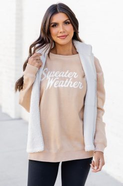 Cheap 👏 Pink Lily Sweater Weather Light Tan Graphic Sweatshirt 😍