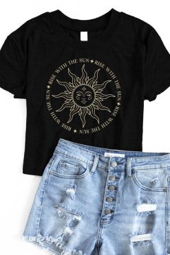 Cheap ⌛ Pink Lily Rise With The Sun Black Cropped Graphic Tee FINAL SALE 💯