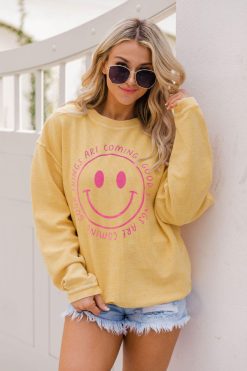 Best Pirce ✨ Pink Lily Good Things Are Coming Smiley Gold Graphic Sweatshirt 🤩